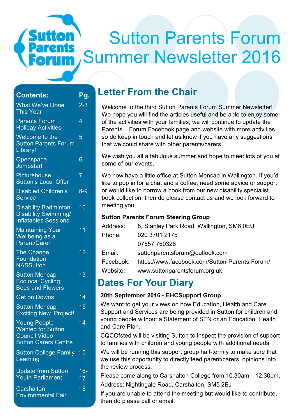 Sutton Parents Forum Summer Newsletter 2016