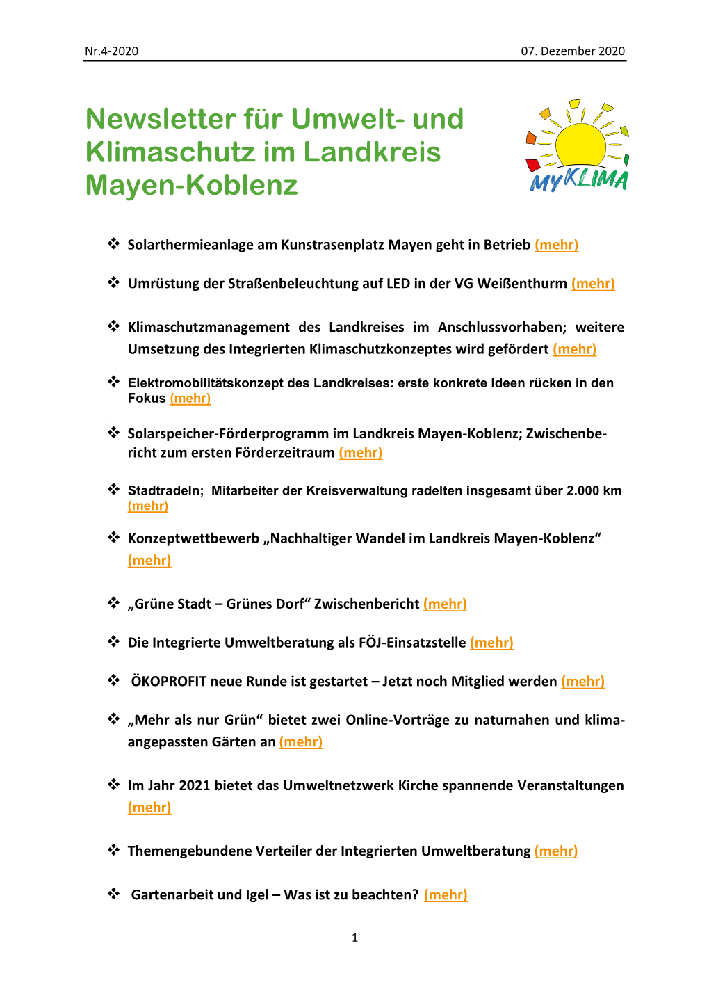 Newsletter Für Umwelt- Und Klimaschutz Im Landkreis Mayen-Koblenz