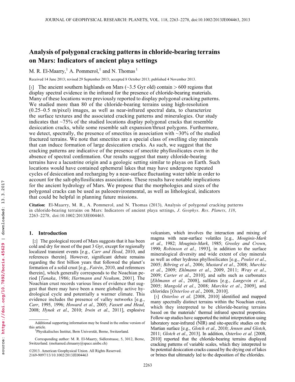 Analysis of Polygonal Cracking Patterns in Chloride-Bearing Terrains on Mars: Indicators of Ancient Playa Settings M