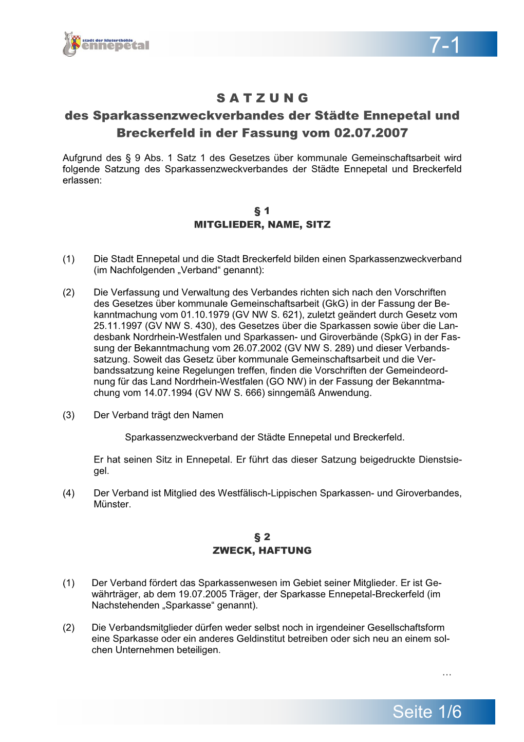 7-01 Satzung Des Sparkassenzweckverbandes