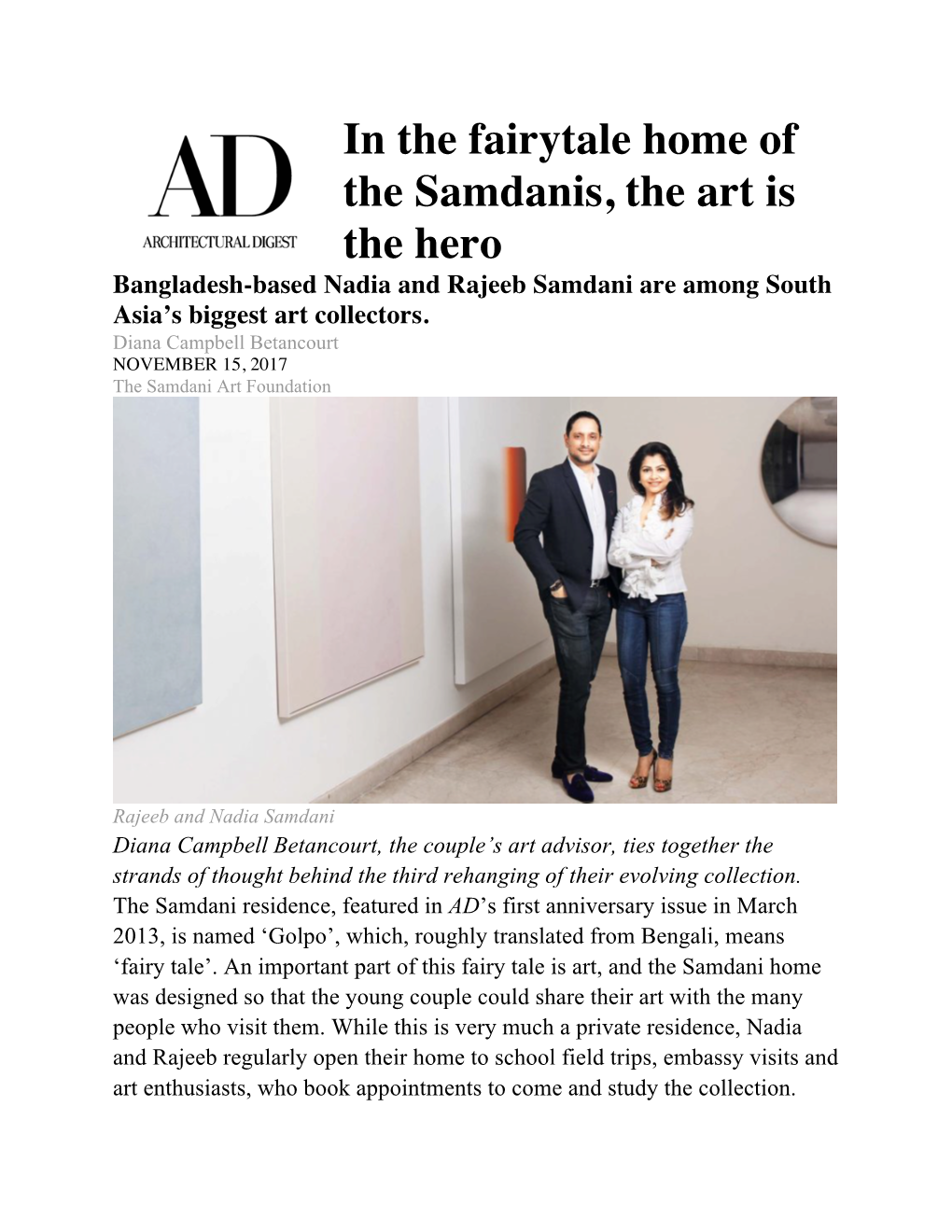 In the Fairytale Home of the Samdanis, the Art Is the Hero Bangladesh-Based Nadia and Rajeeb Samdani Are Among South Asia’S Biggest Art Collectors