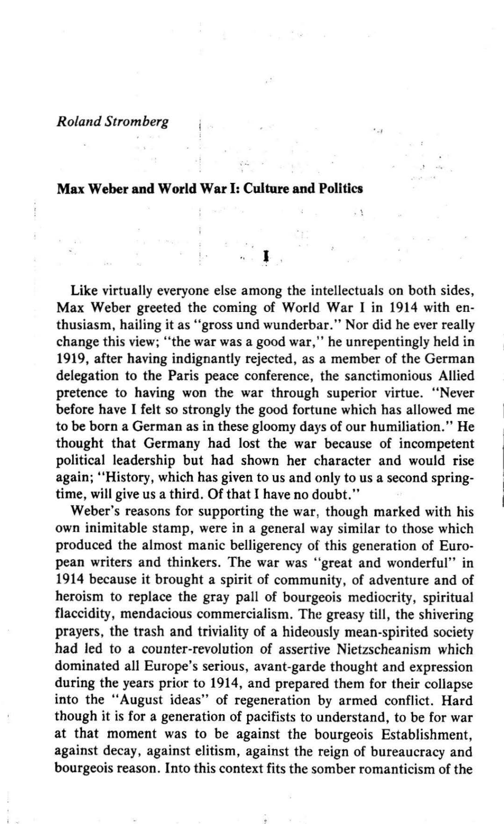 Max Weber and World War 1: Culture and Politics
