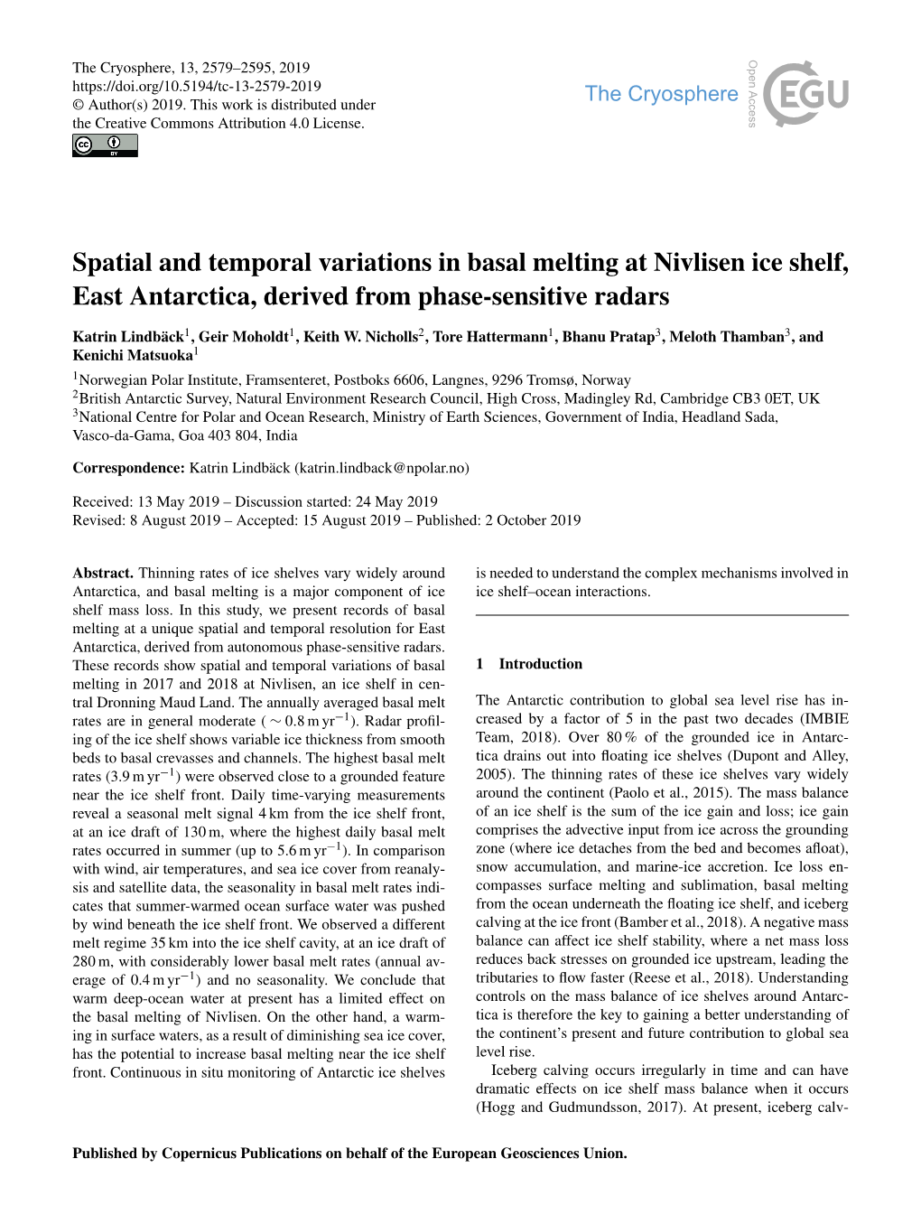 Article Is Available On- Increase Ice Shelf Melting Along Dronning Maud Land in Fu- Line At