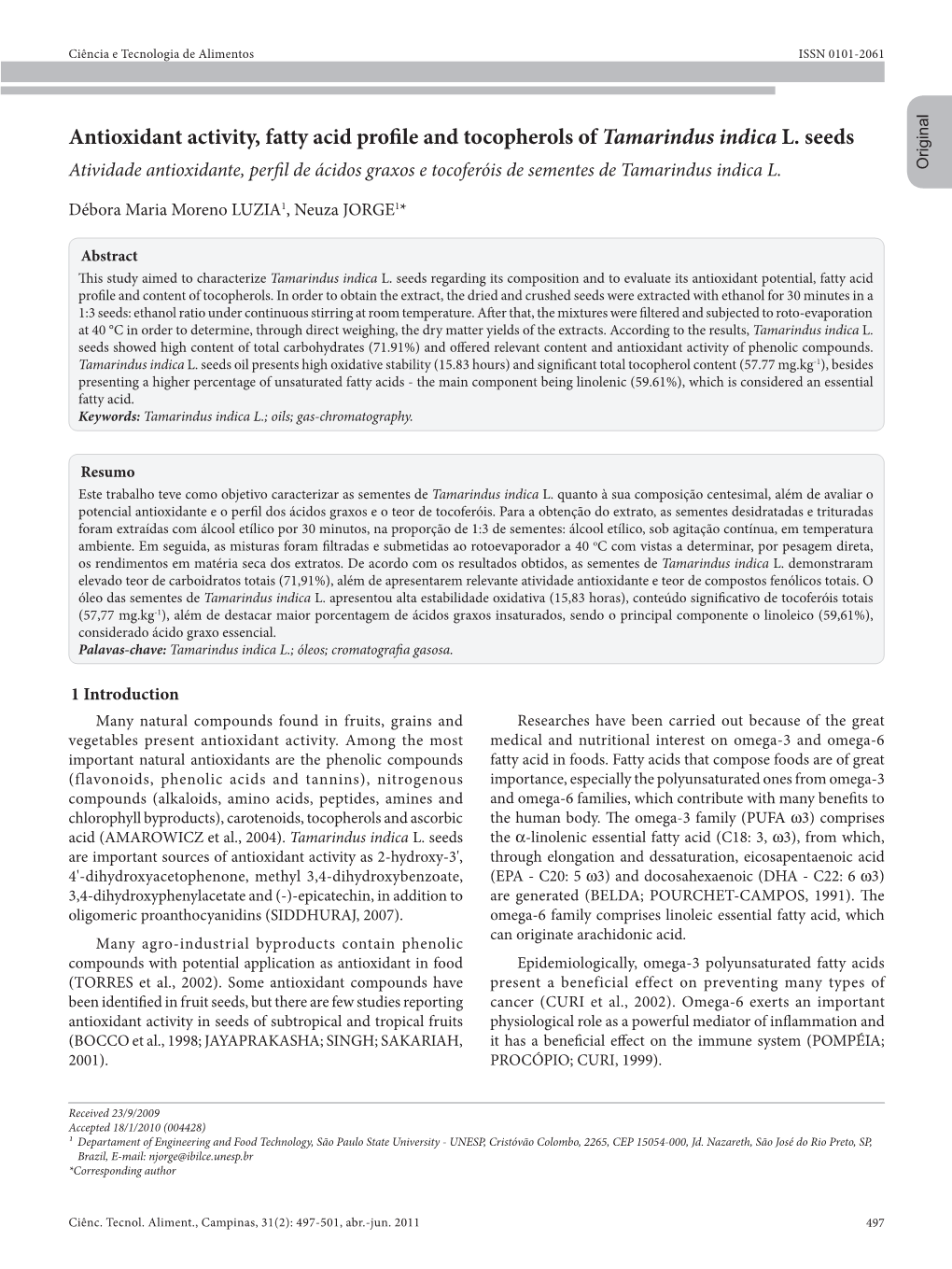 Antioxidant Activity, Fatty Acid Profile and Tocopherols of Tamarindus Indica L