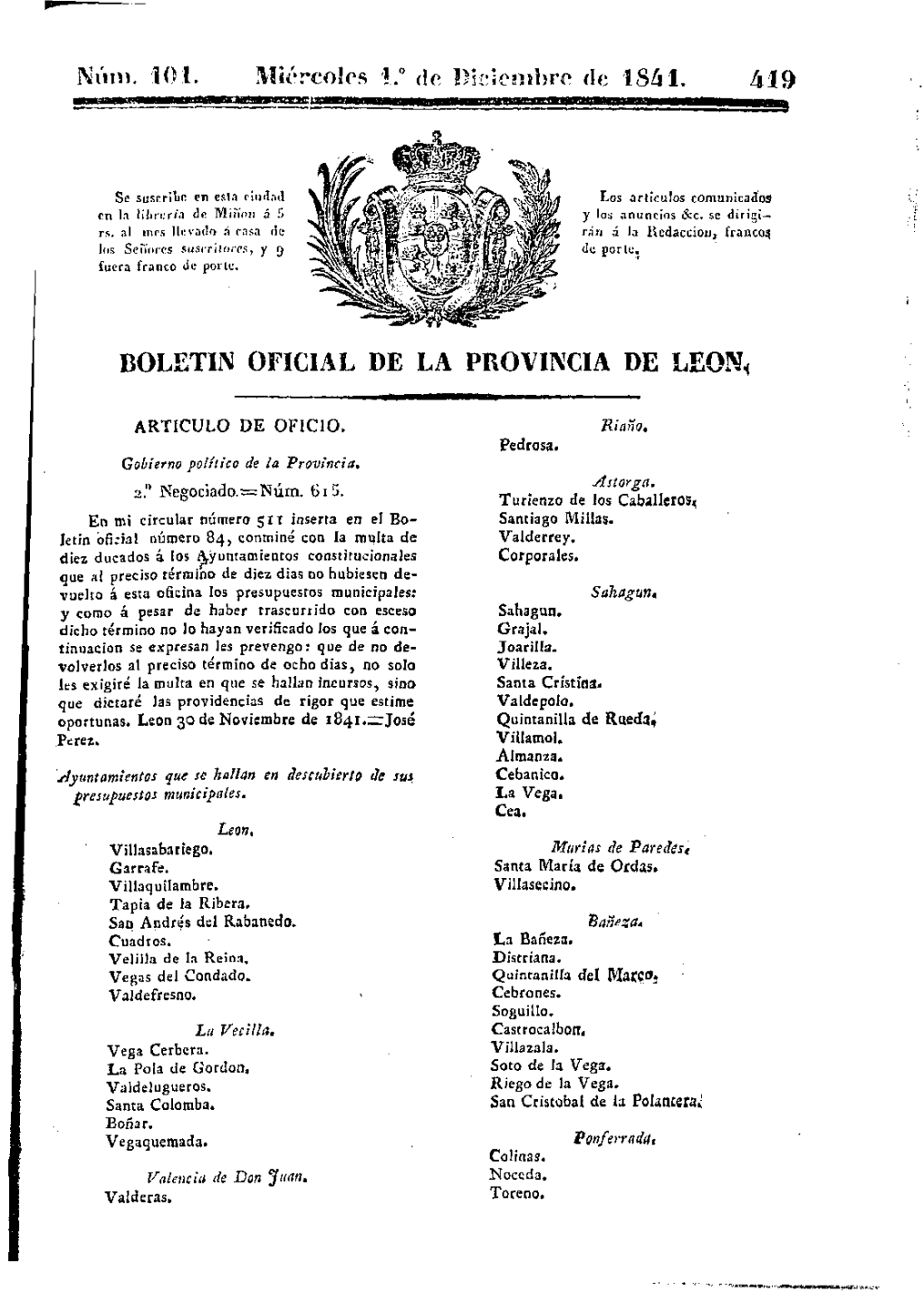 Iércolcs 1.° De Diciembre De 1841. 419 BOLETIN OFICIAL DE LA PROVINCIA DE Leons