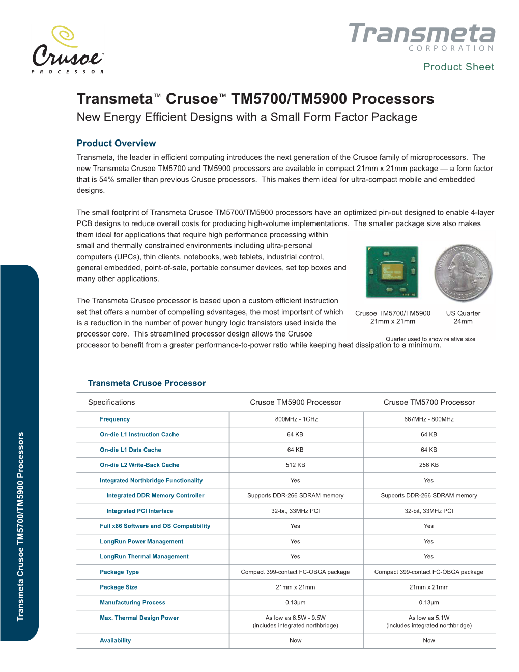 Transmeta™ Crusoe™ TM5700/TM5900 Processors New Energy Efficient Designs with a Small Form Factor Package