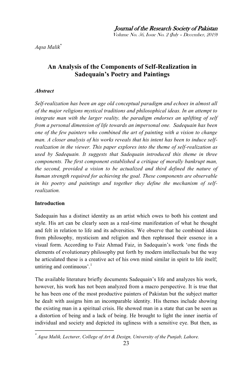 An Analysis of the Components of Self-Realization in Sadequain's Poetry