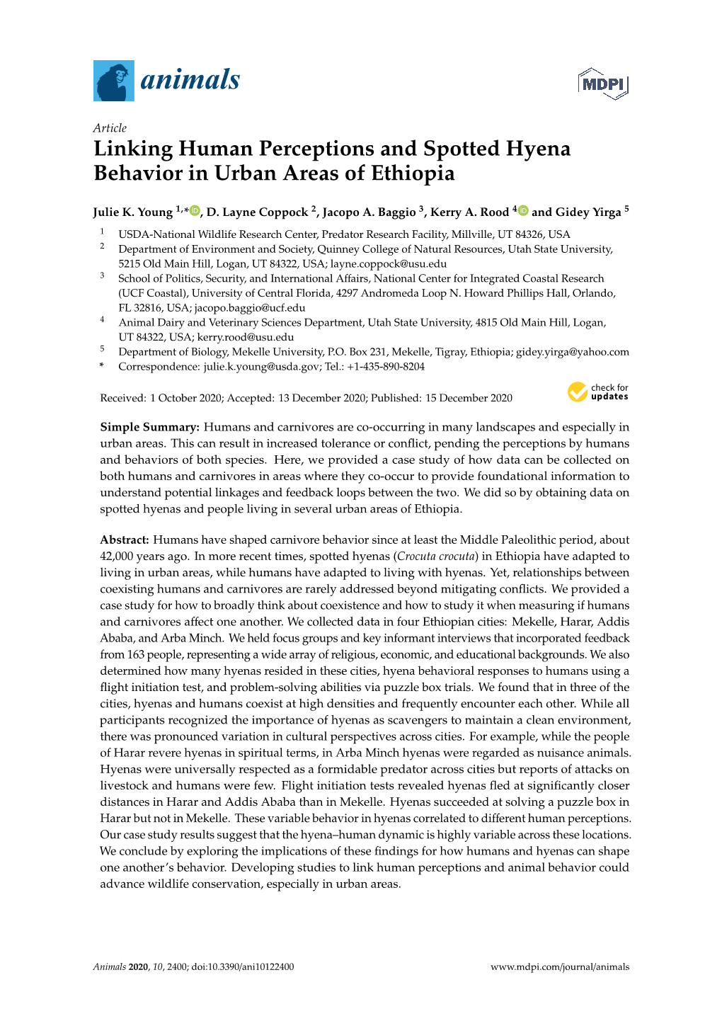 Linking Human Perceptions and Spotted Hyena Behavior in Urban Areas of Ethiopia