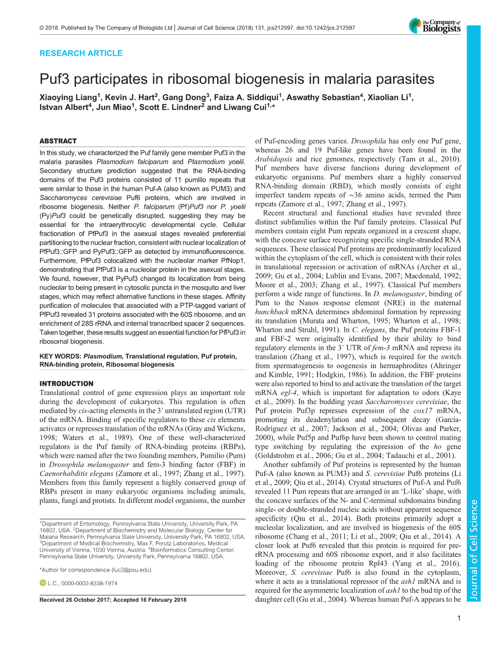 Puf3 Participates in Ribosomal Biogenesis in Malaria Parasites Xiaoying Liang1, Kevin J
