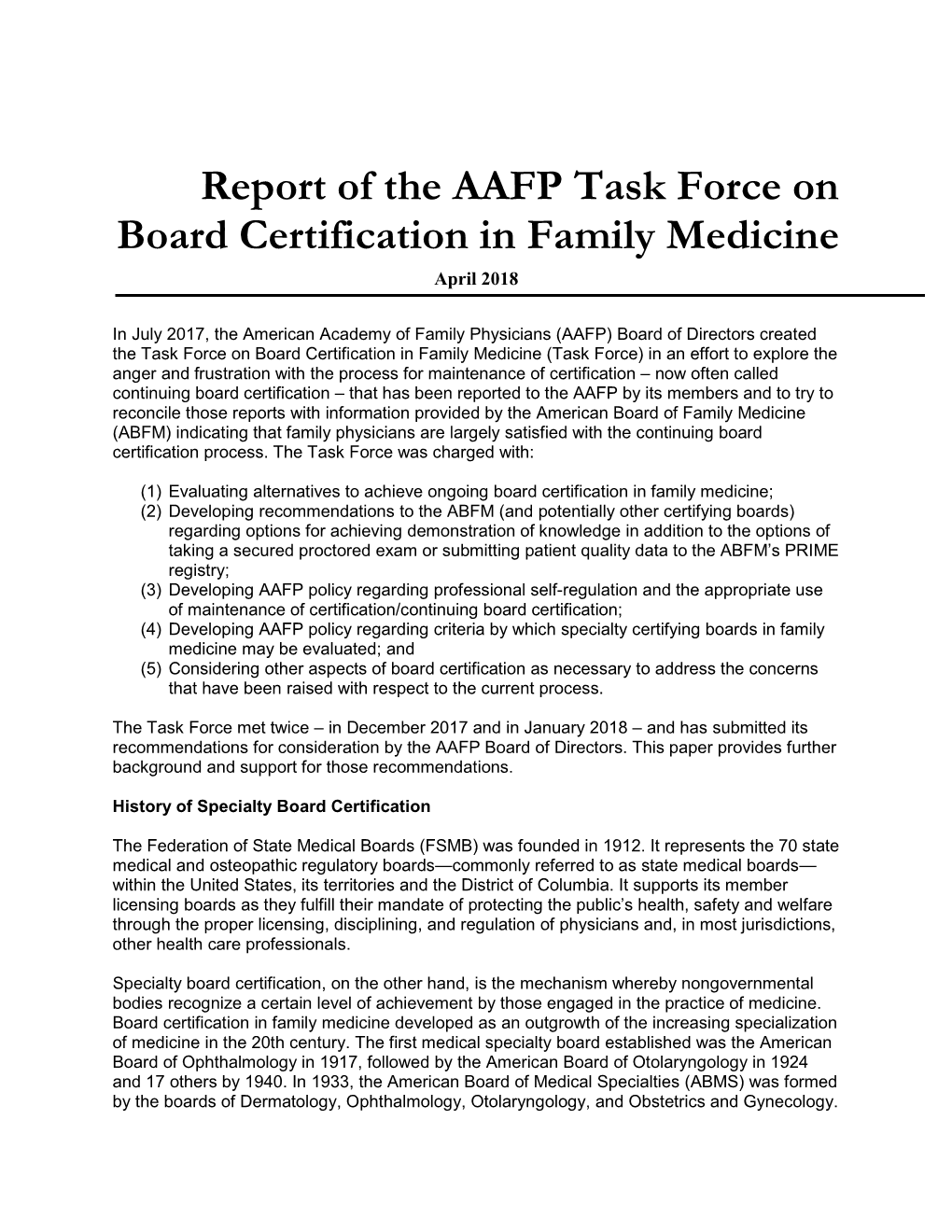 Report of the AAFP Task Force on Board Certification in Family Medicine