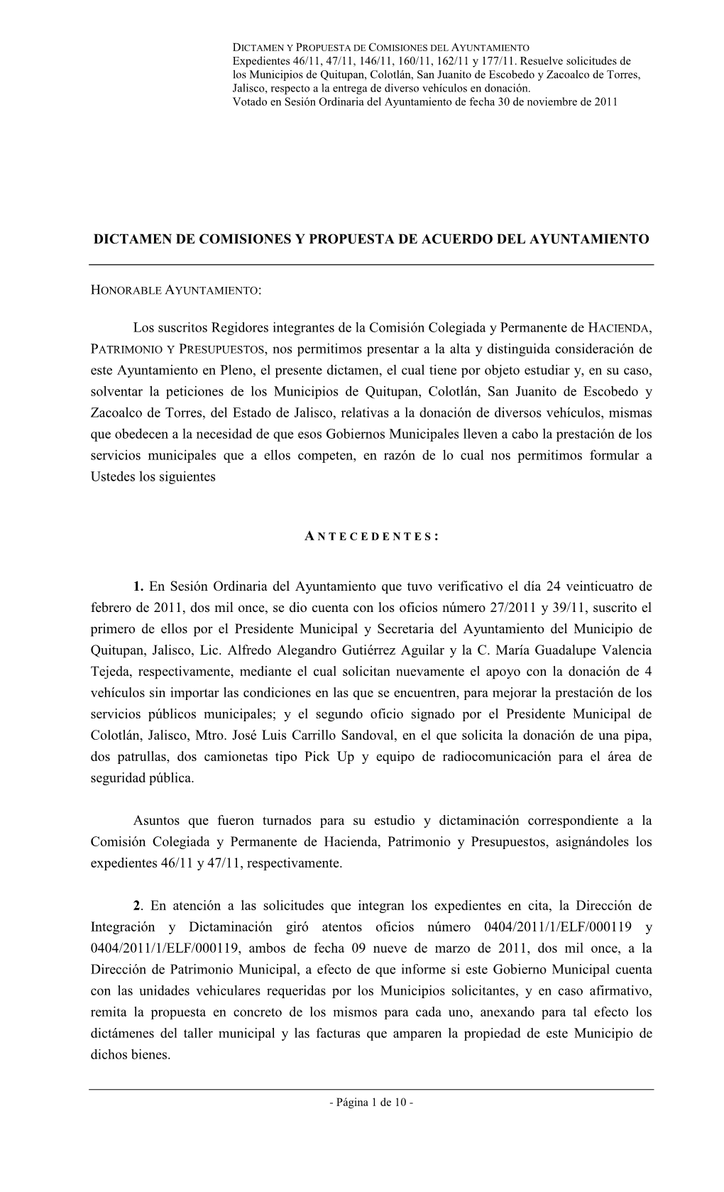 Dictamen De Comisiones Y Propuesta De Acuerdo Del Ayuntamiento