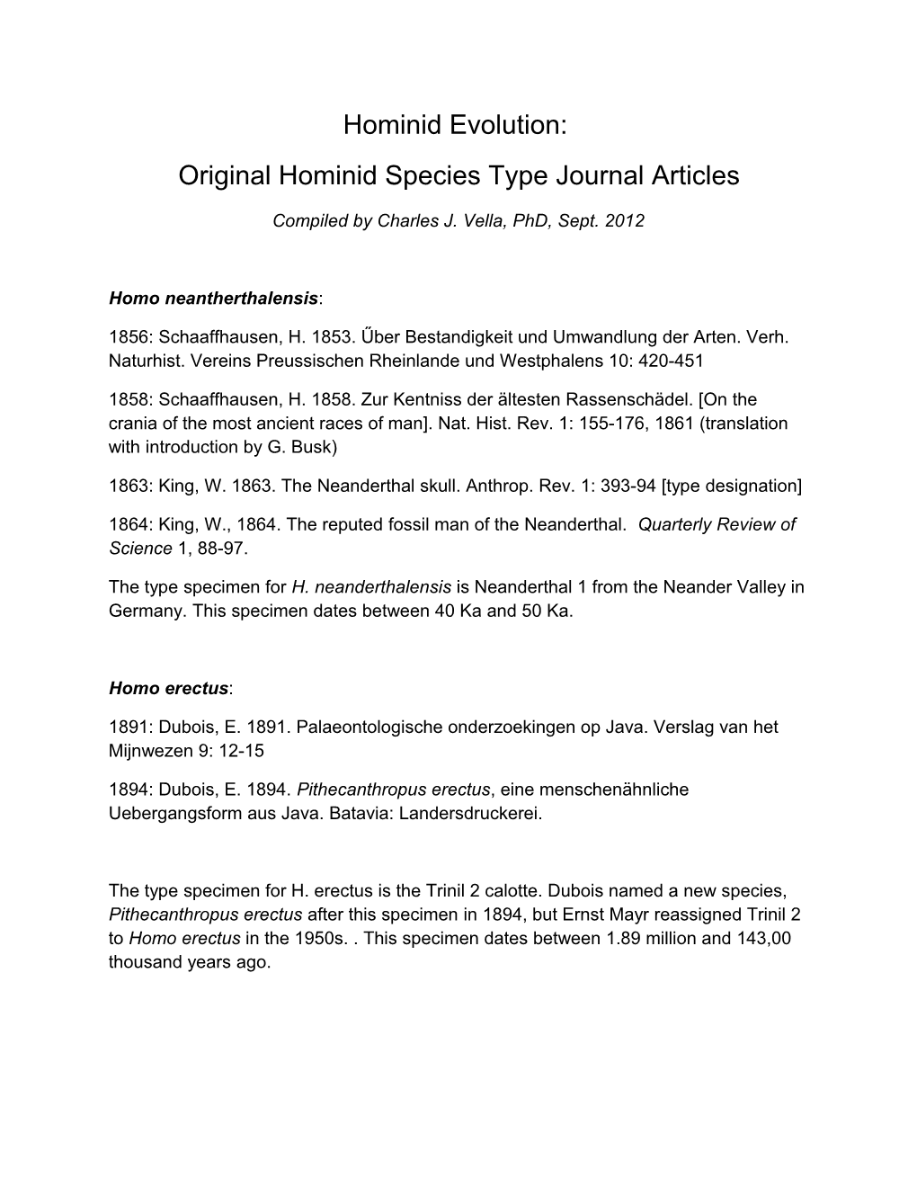Original Hominid Species Type Journal Articles