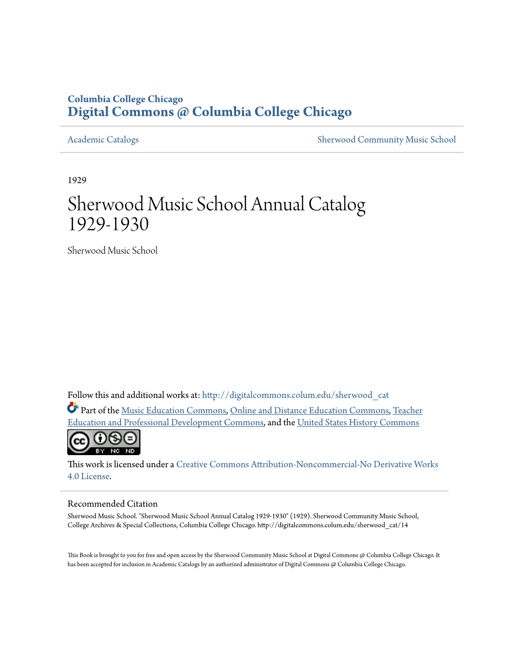 Sherwood Music School Annual Catalog 1929-1930 Sherwood Music School