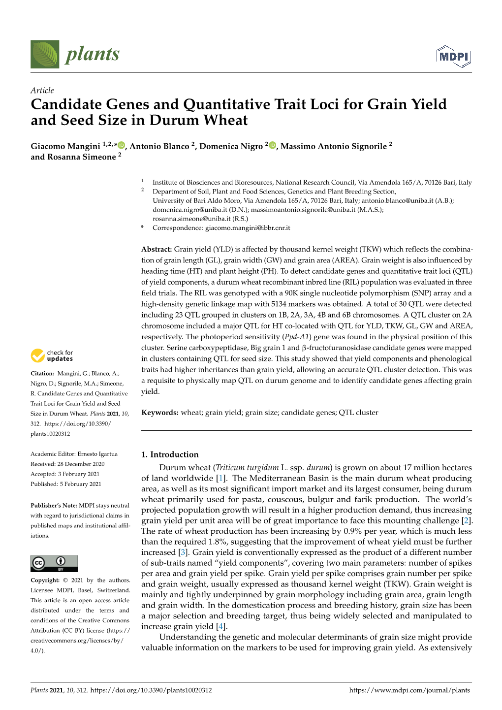 Candidate Genes and Quantitative Trait Loci for Grain Yield and Seed Size in Durum Wheat