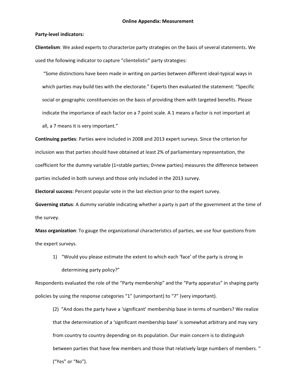 Online Appendix: Measurement Party-Level Indicators: Clientelism