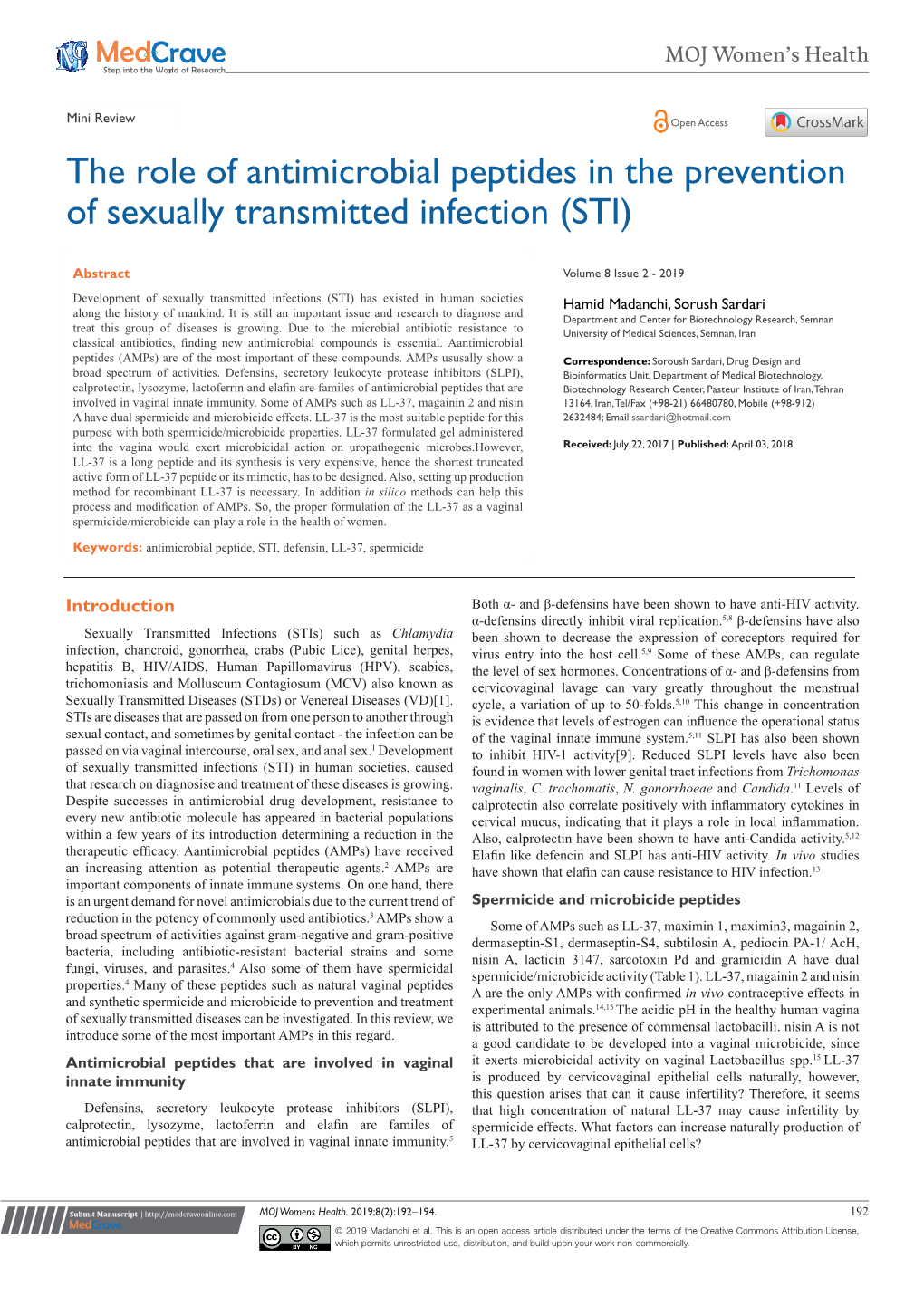 The Role of Antimicrobial Peptides in the Prevention of Sexually Transmitted Infection (STI)