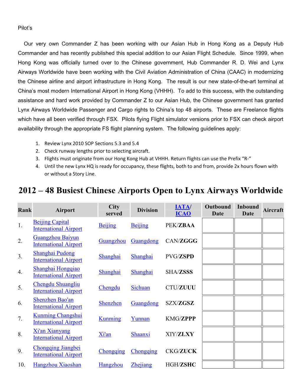 2012 – 48 Busiest Chinese Airports Open to Lynx Airways Worldwide