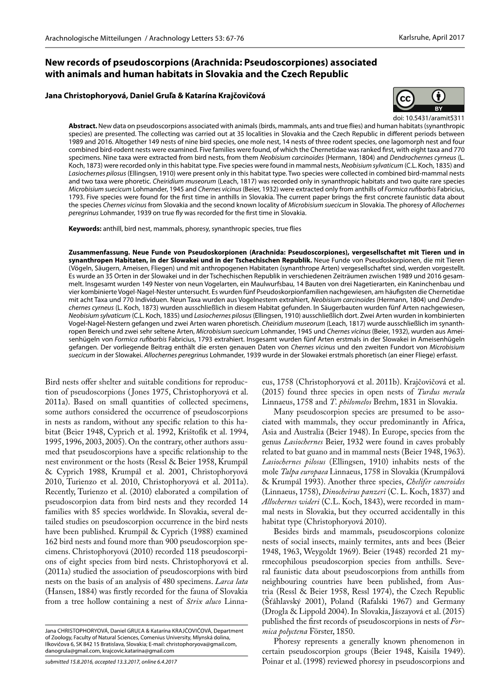 New Records of Pseudoscorpions (Arachnida: Pseudoscorpiones) Associated with Animals and Human Habitats in Slovakia and the Czech Republic