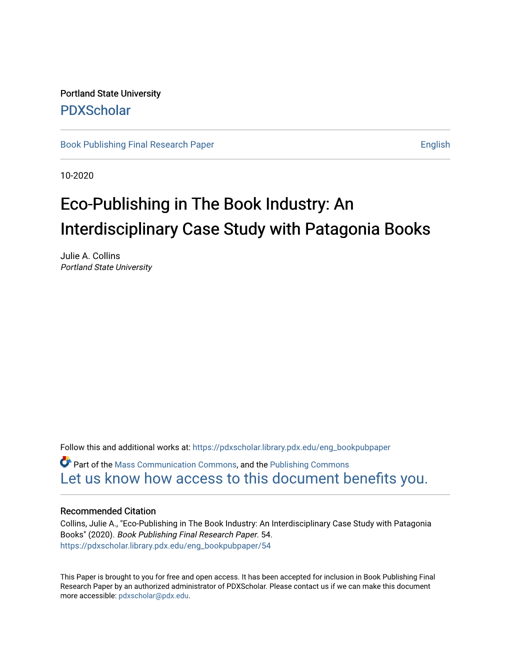 Eco-Publishing in the Book Industry: an Interdisciplinary Case Study with Patagonia Books