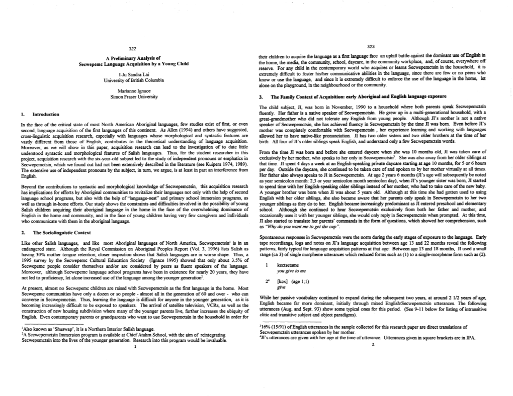 322 a Preliminary Analysis of Secwepemc Language Acquisition