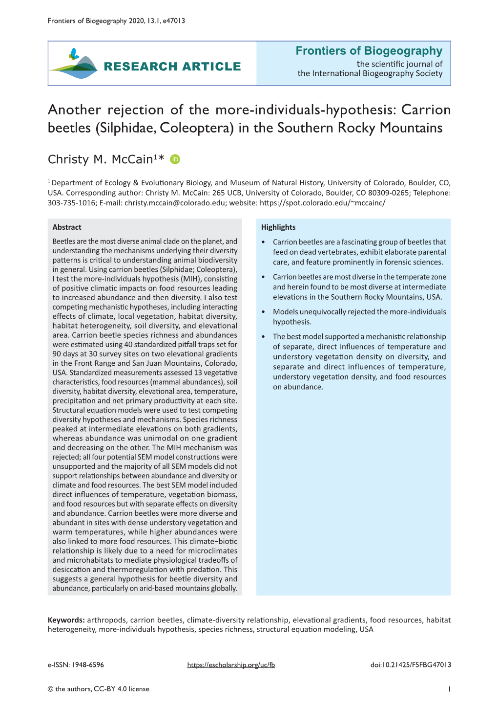 Carrion Beetles (Silphidae, Coleoptera) in the Southern Rocky Mountains