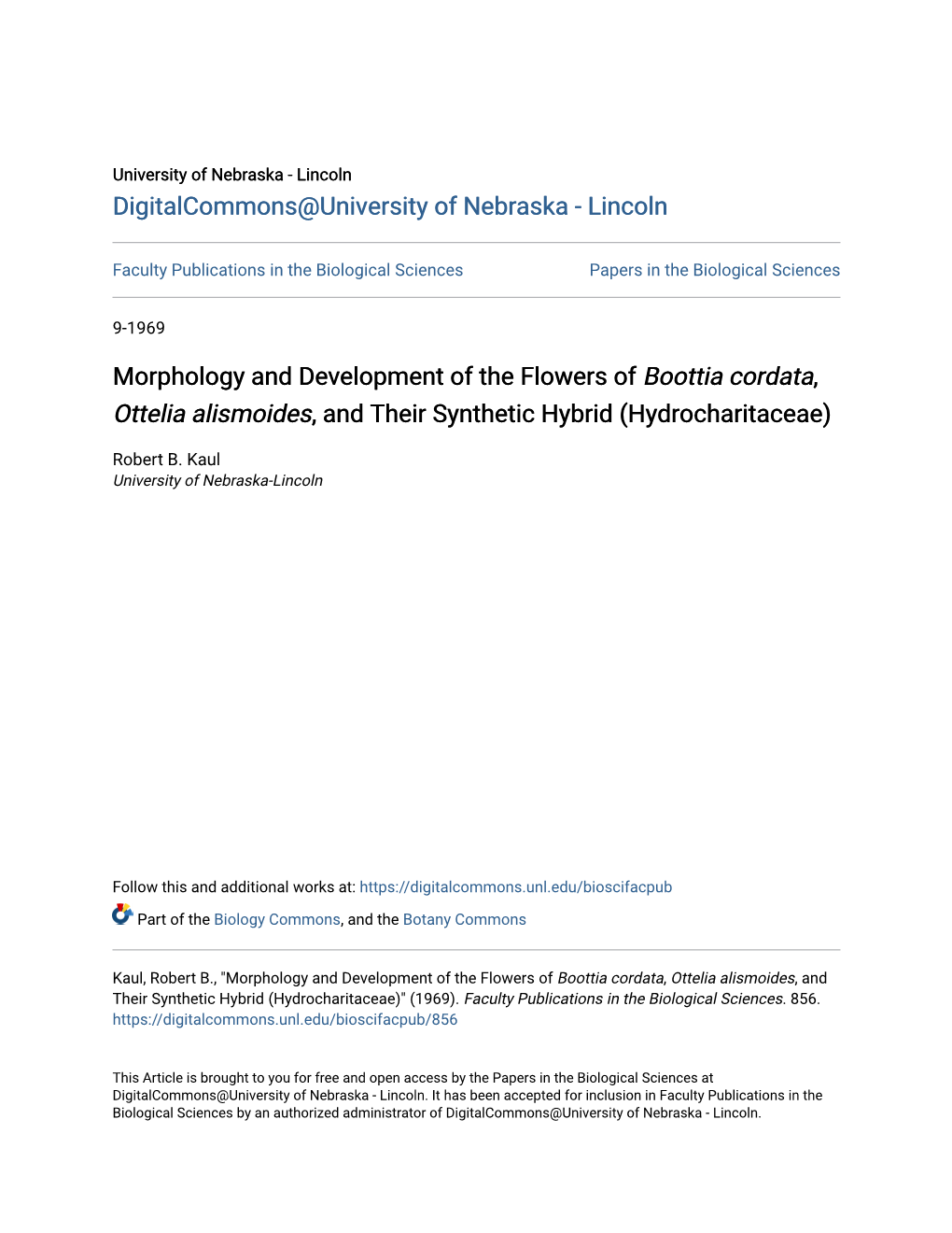 Morphology and Development of the Flowers of Boottia Cordata, Ottelia Alismoides, and Their Synthetic Hybrid (Hydrocharitaceae)