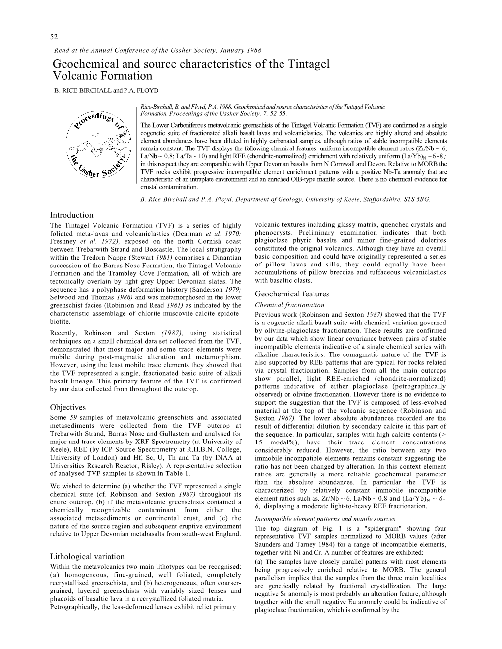 Geochemical and Source Characteristics of the Tintagel Volcanic Formation B