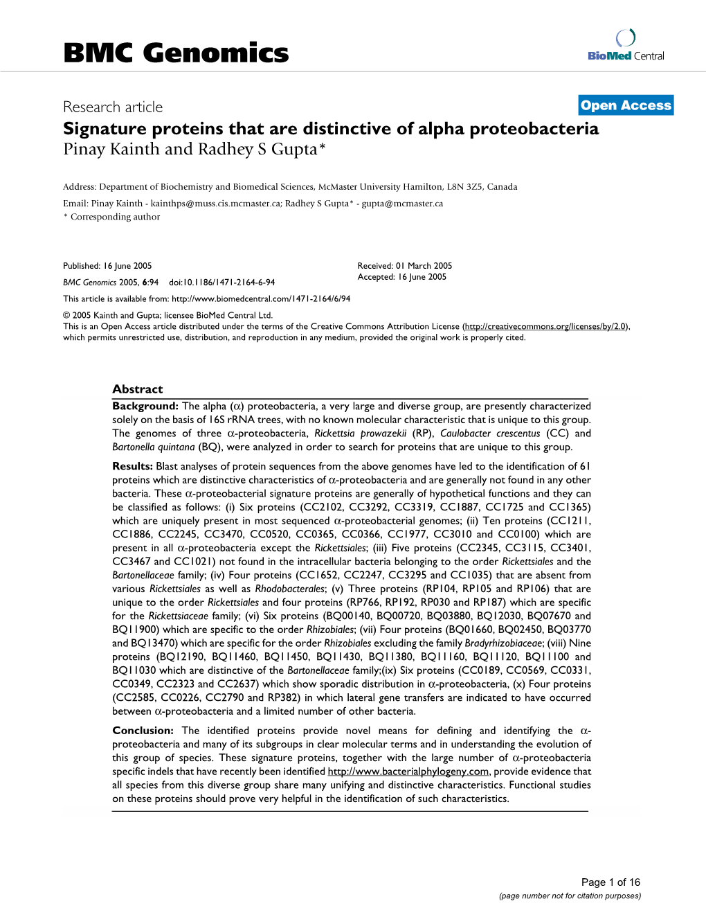 Signature Proteins That Are Distinctive of Alpha Proteobacteria Pinay Kainth and Radhey S Gupta*