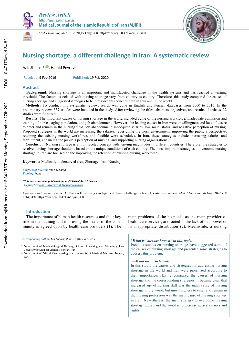 Nursing Shortage, a Different Challenge in Iran: a Systematic Review