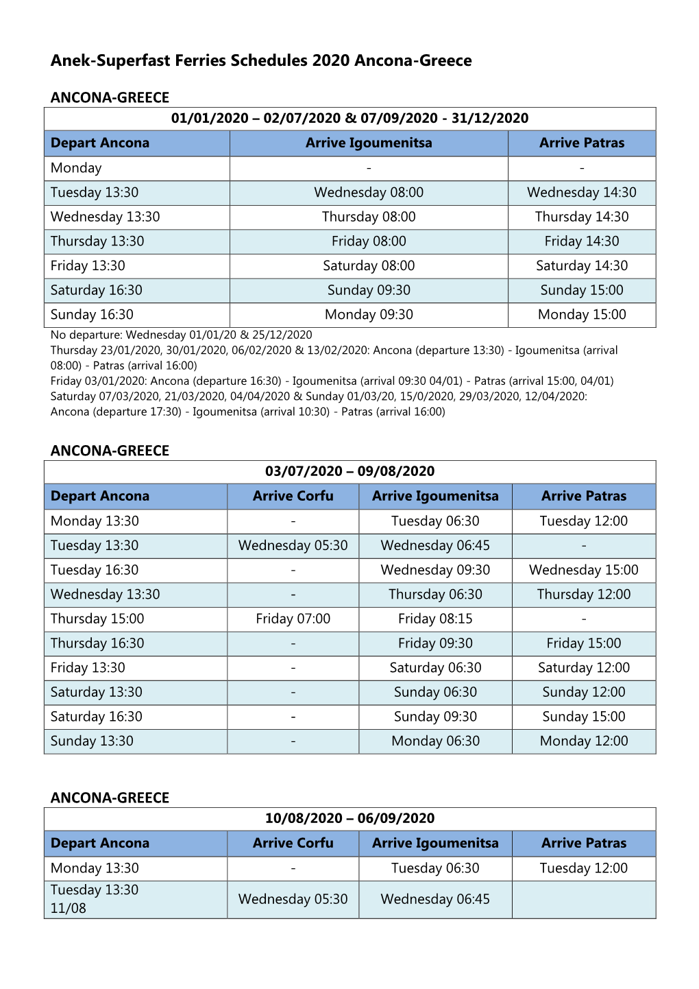 Anek-Superfast Ferries Schedules 2020 Ancona-Greece ANCONA