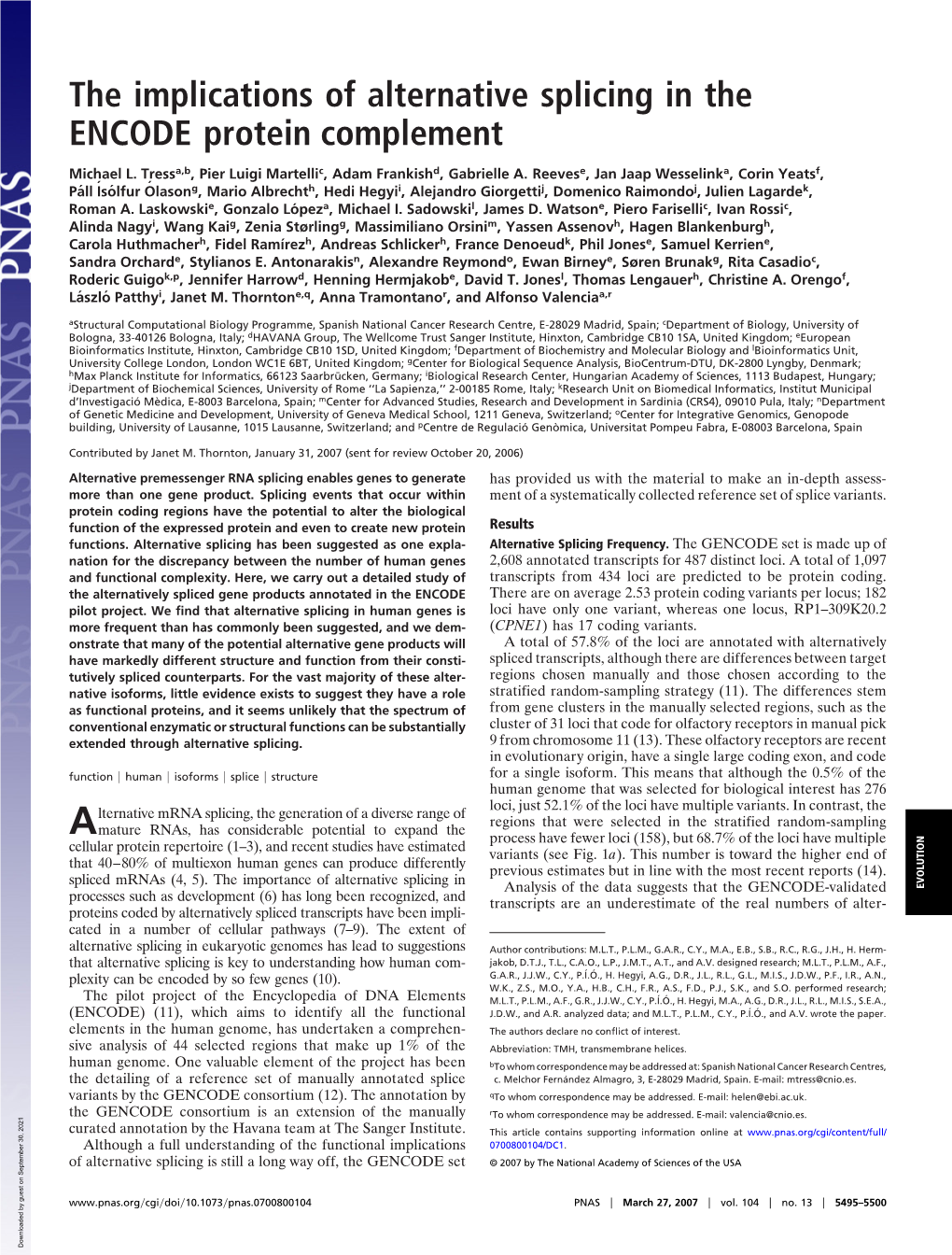 The Implications of Alternative Splicing in the ENCODE Protein Complement