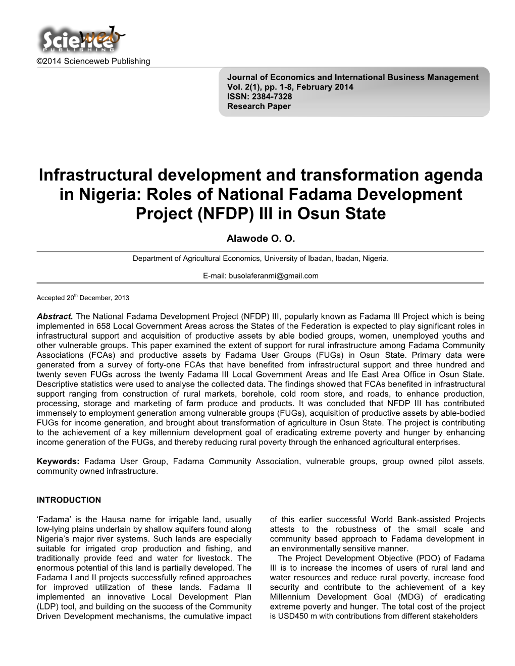 Infrastructural Development and Transformation Agenda in Nigeria: Roles of National Fadama Development Project (NFDP) III in Osun State