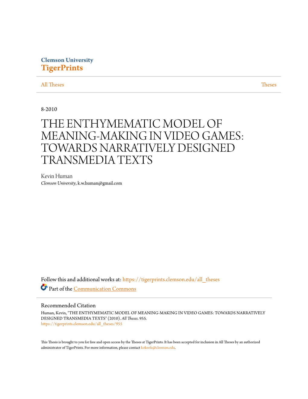 TOWARDS NARRATIVELY DESIGNED TRANSMEDIA TEXTS Kevin Human Clemson University, K.W.Human@Gmail.Com