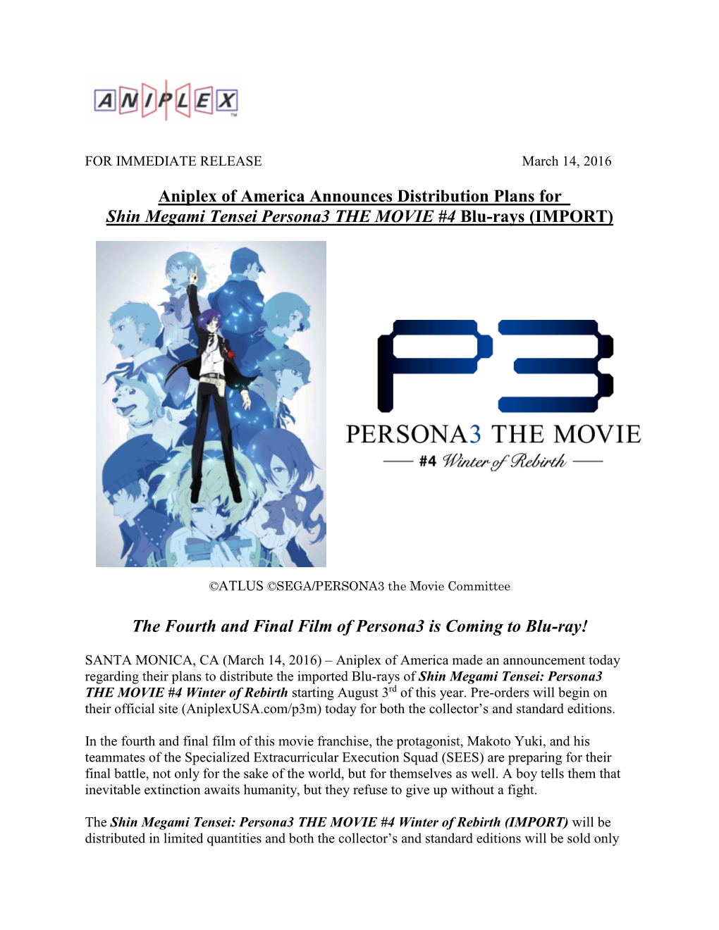 Aniplex of America Announces Distribution Plans for Shin Megami Tensei Persona3 the MOVIE #4 Blu-Rays (IMPORT)