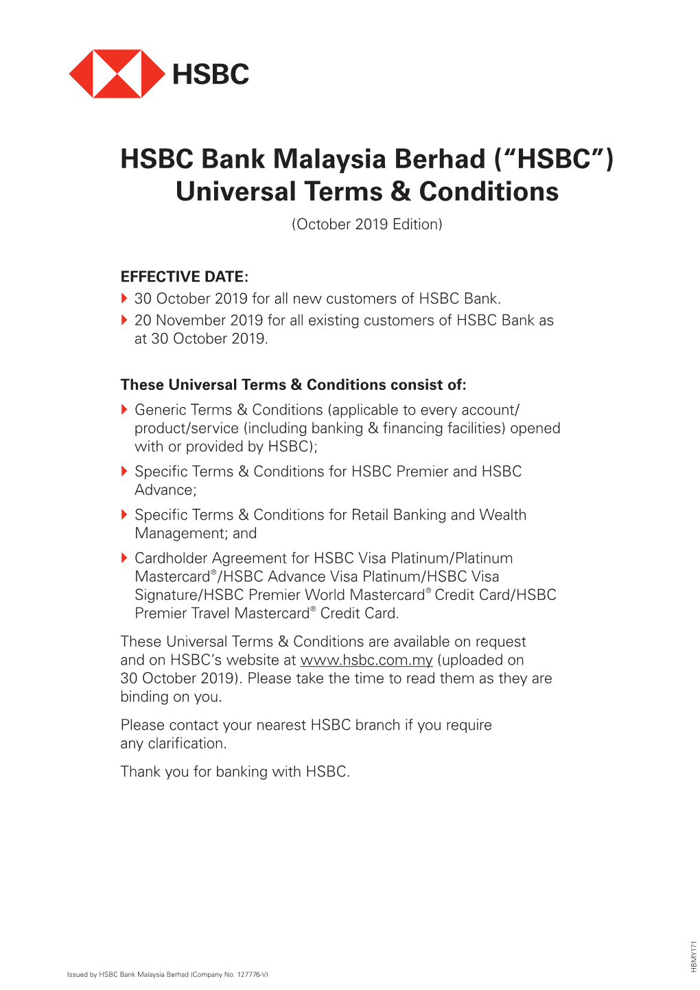 HSBC Bank Malaysia Berhad (“HSBC”) Universal Terms & Conditions (October 2019 Edition)