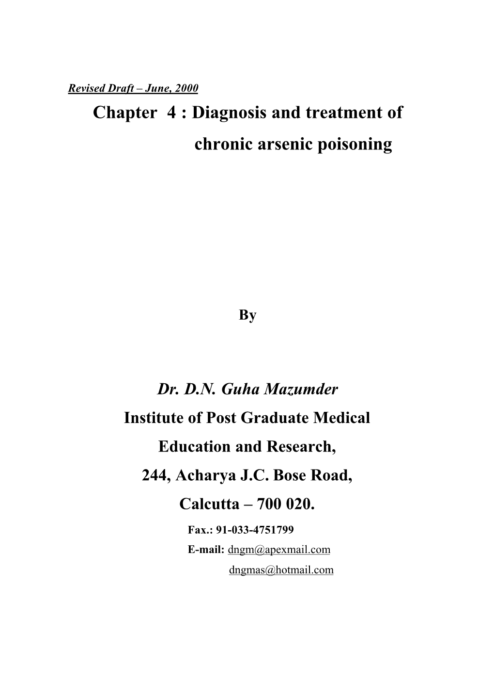 Diagnosis and Treatment of Chronic Arsenic Poisoning