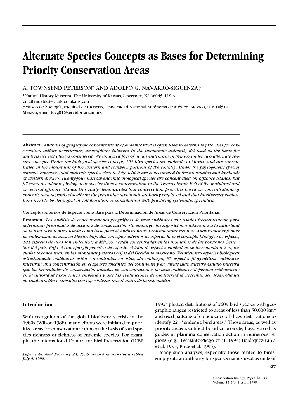 Alternate Species Concepts As Bases for Determining Priority Conservation Areas