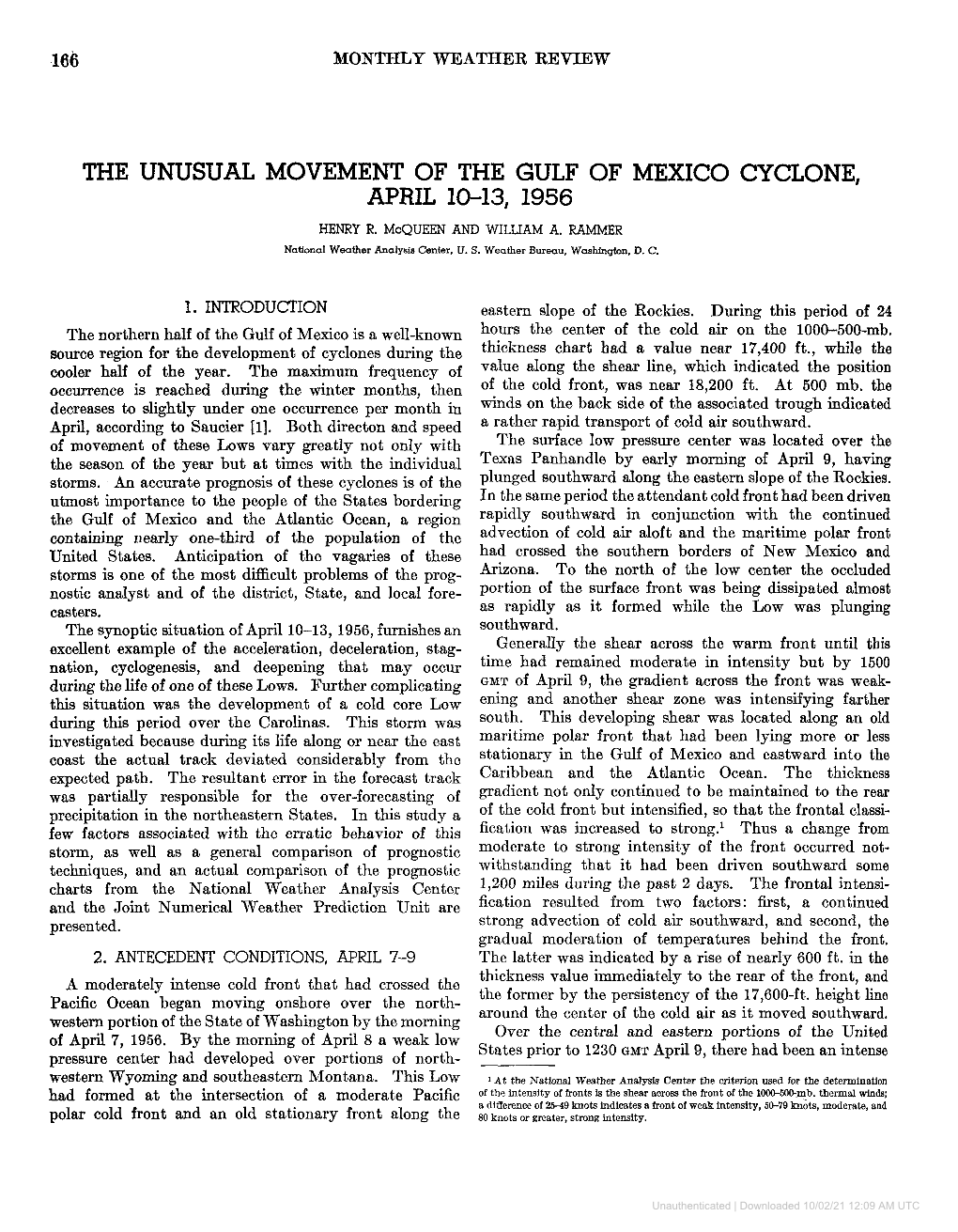 The Unusual Movement of the Gulf of Mexico Cyclone, April 10-13, 1956 Henry R