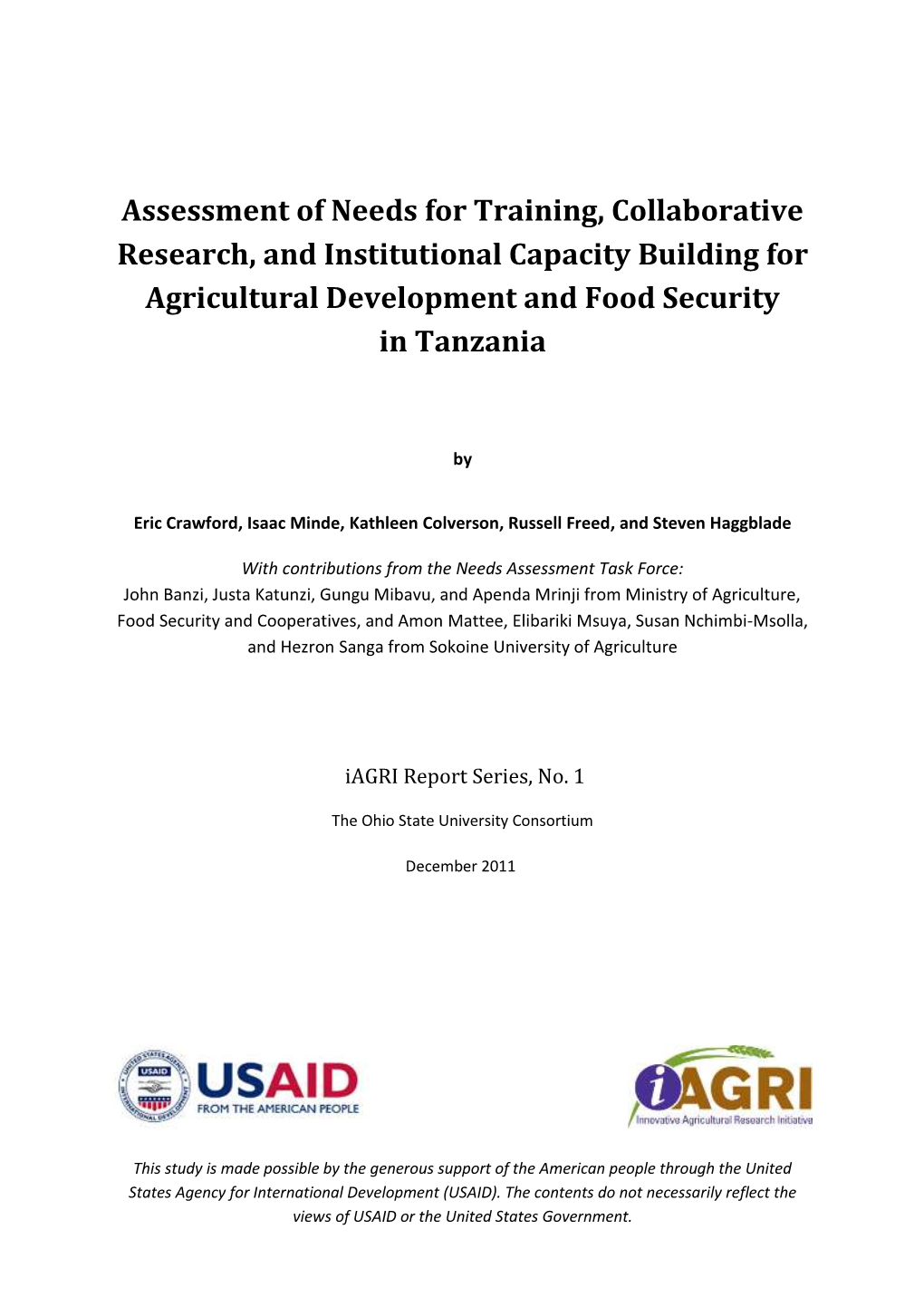 Assessment of Needs for Training, Collaborative Research, and Institutional Capacity Building for Agricultural Development and Food Security in Tanzania