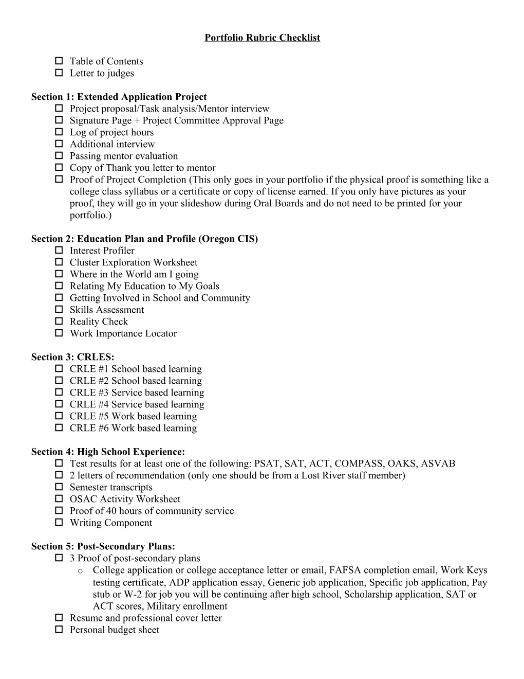 Portfolio Rubric Checklist