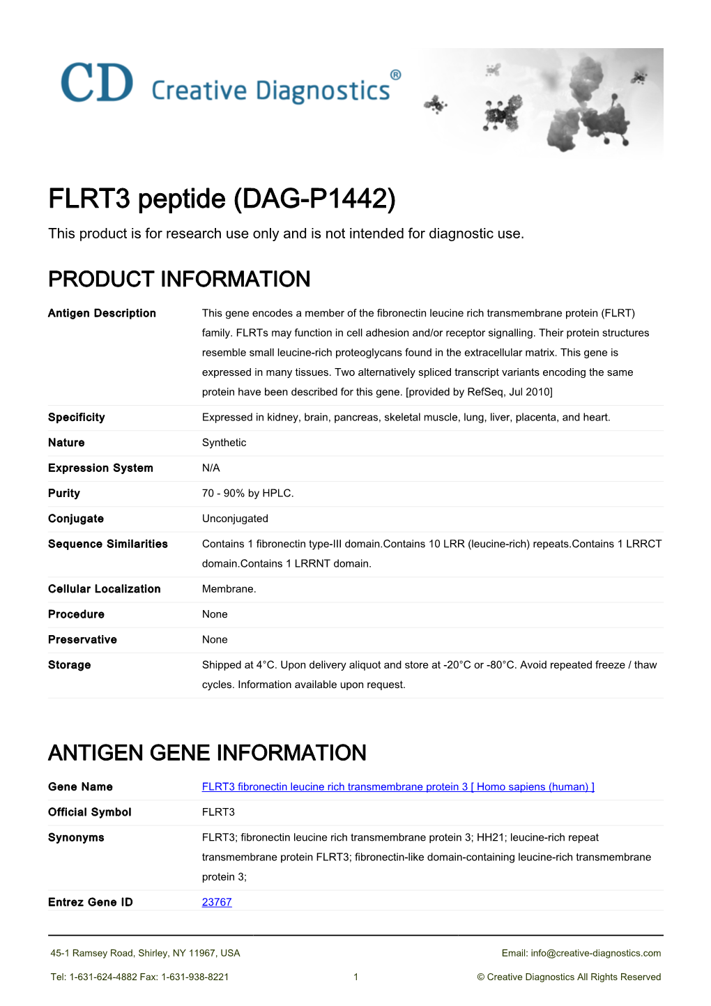 FLRT3 Peptide (DAG-P1442) This Product Is for Research Use Only and Is Not Intended for Diagnostic Use