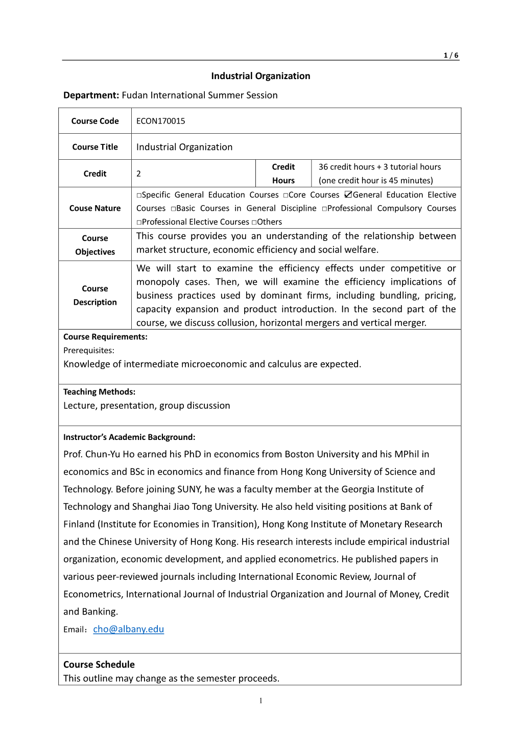 Industrial Organization Department: Fudan International Summer Session