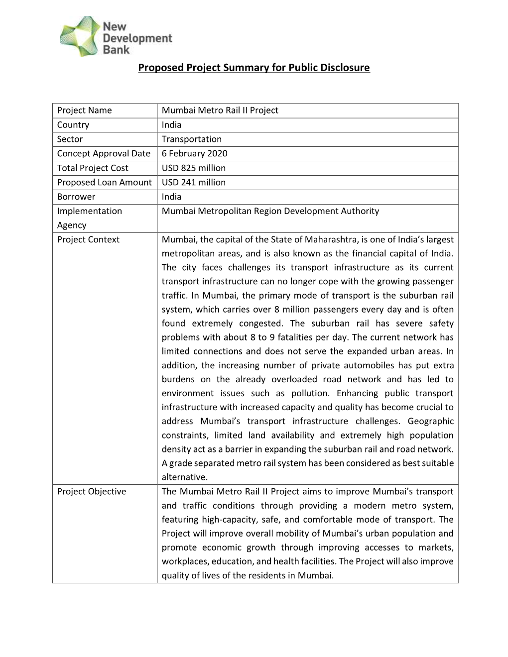 Proposed Project Summary for Public Disclosure