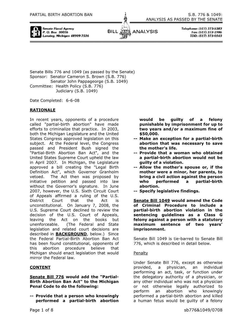 Page 1 of 8 Sb776&1049/0708 PARTIAL BIRTH ABORTION BAN