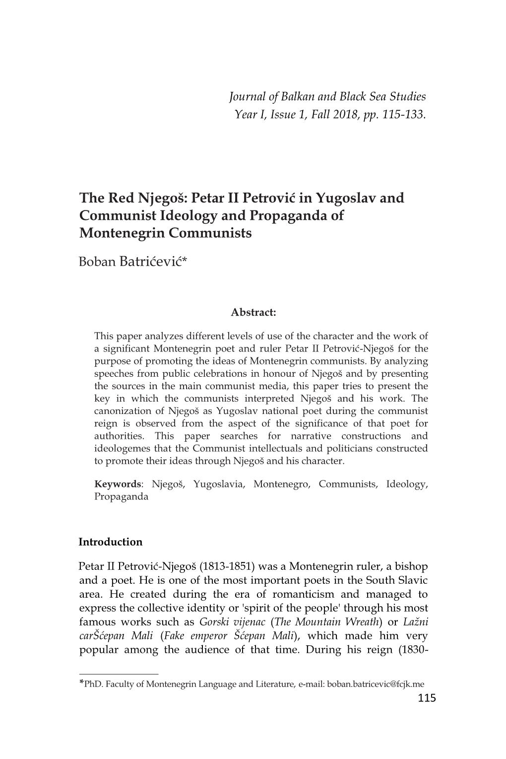 The Red Njegoš: Petar II Petrović in Yugoslav and Communist Ideology and Propaganda of Montenegrin Communists