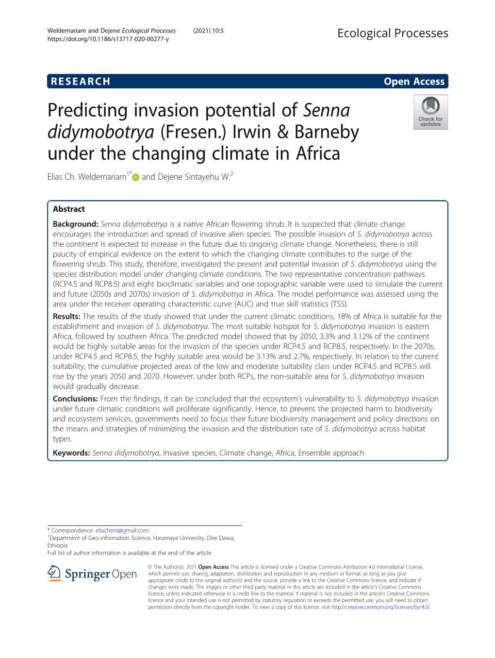 Senna Didymobotrya (Fresen.) Irwin & Barneby Under the Changing Climate in Africa Elias Ch