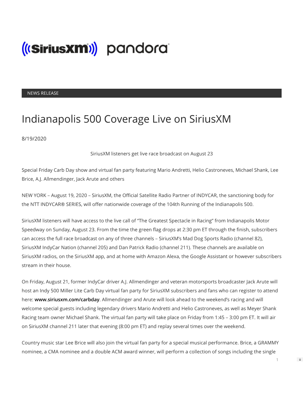 Indianapolis 500 Coverage Live on Siriusxm