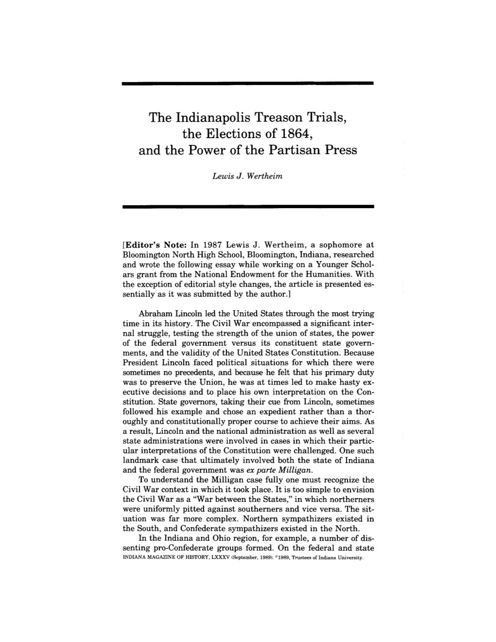 The Indianapolis Treason Trials, the Elections of 1864, and the Power of the Partisan Press