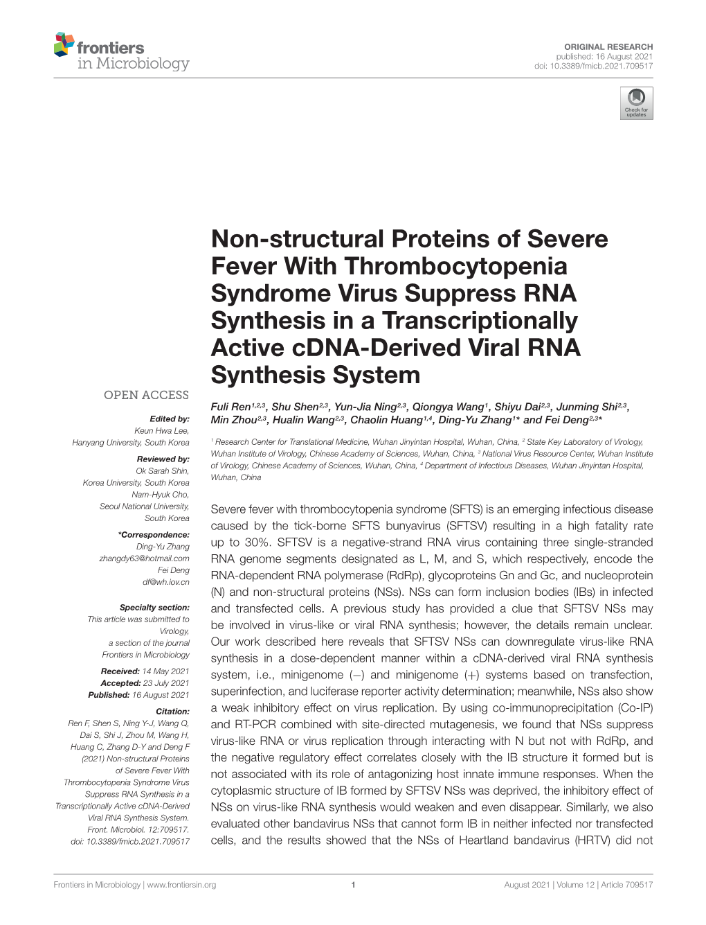 Non-Structural Proteins of Severe Fever with Thrombocytopenia