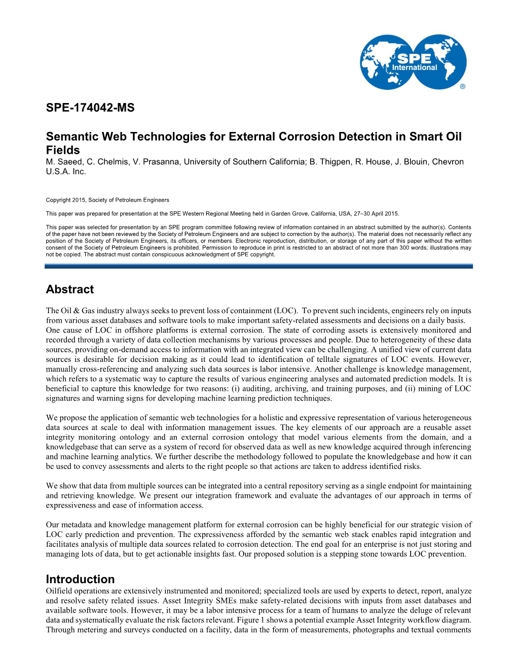 SPE-174042-MS Semantic Web Technologies for External Corrosion Detection in Smart Oil Fields Abstract Introduction